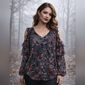 BHWM Tunic Top Black Dark Floral Velvet Burnout Womens Sz 12 Whimsigoth Witchy